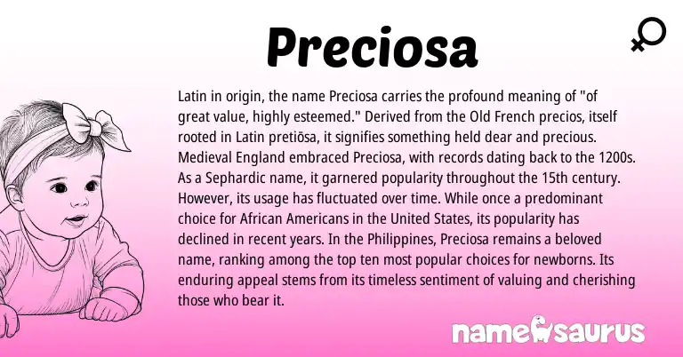 Infographic about Preciosa name meaning, Preciosa is a name from United States, Philippines, Old French, England, Latin, African origin(s).