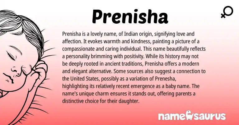Infographic about Prenisha name meaning, Prenisha is a name from Indian origin(s).