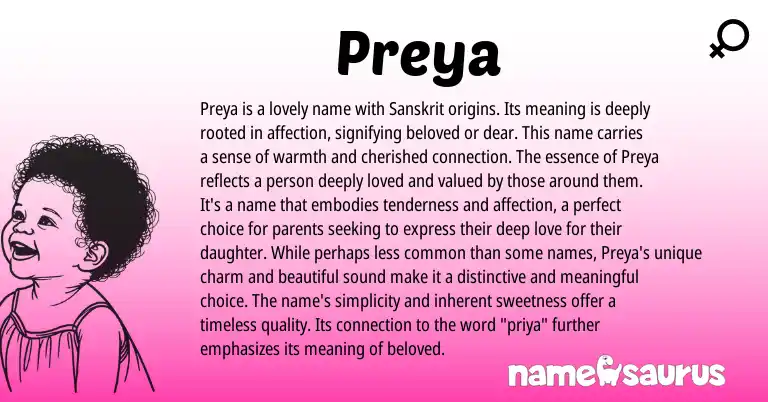 Infographic about Preya name meaning, Preya is a name from Indian, Sanskrit, Hindi origin(s).