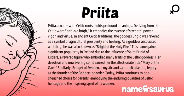 Infographic about Priita name meaning, Priita is a name from Ireland, Celtic origin(s).