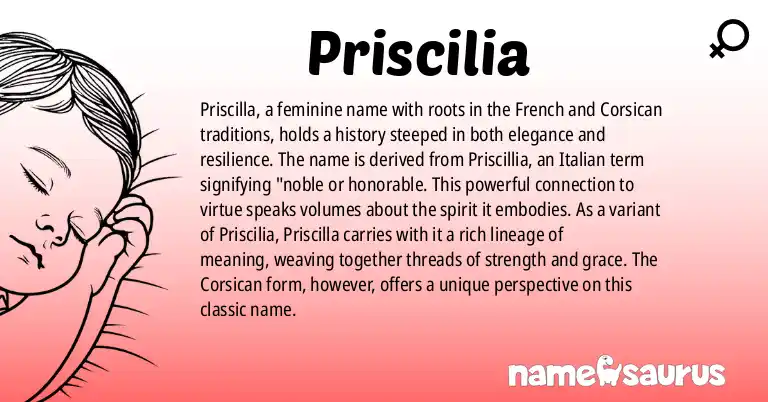 Infographic about Priscilia name meaning, Priscilia is a name from Corsican, French origin(s).