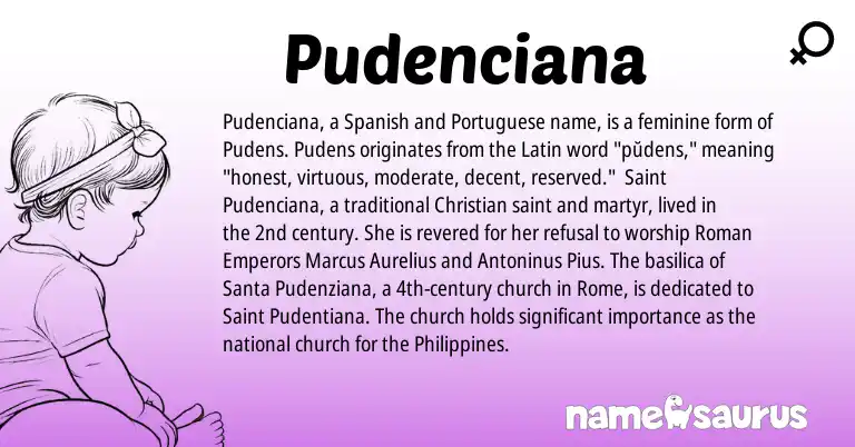 Infographic about Pudenciana name meaning, Pudenciana is a name from Philippines, Spanish, Roman, Latin, Portuguese origin(s).