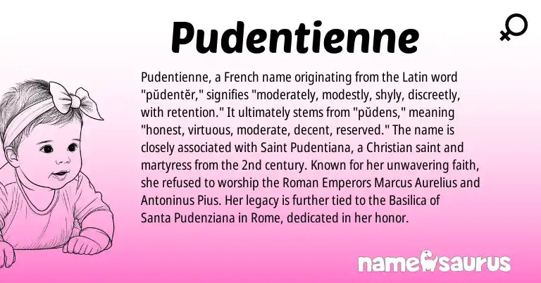 Infographic about Pudentienne name meaning, Pudentienne is a name from Roman, French, Latin origin(s).