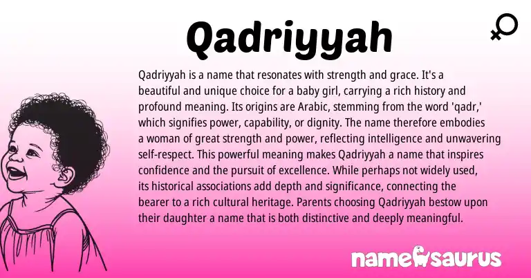 Infographic about Qadriyyah name meaning, Qadriyyah is a name from Arabic origin(s).