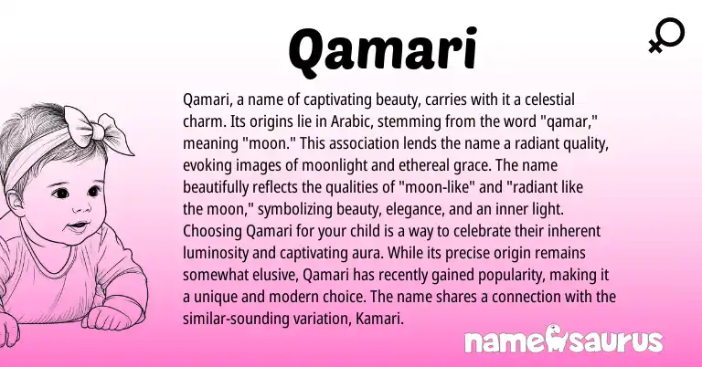 Infographic about Qamari name meaning, Qamari is a name from Arabic origin(s).