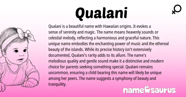 Infographic about Qualani name meaning, Qualani is a name from Persian, Hawaiian origin(s).