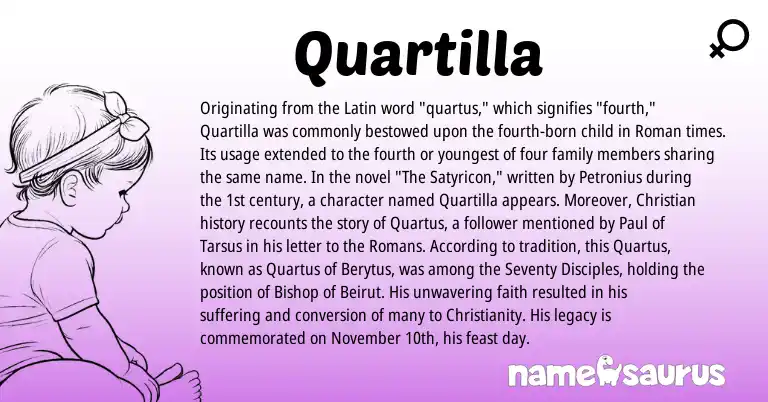 Infographic about Quartilla name meaning, Quartilla is a name from Roman, Christianity, Latin origin(s).