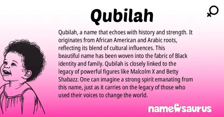 Infographic about Qubilah name meaning, Qubilah is a name from African American, Arabic origin(s).