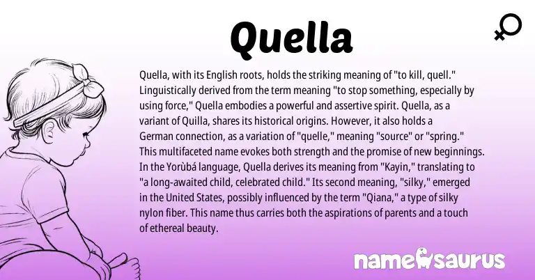 Infographic about Quella name meaning, Quella is a name from German, English, United States origin(s).