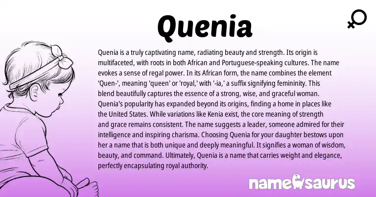 Infographic about Quenia name meaning, Quenia is a name from African, Portuguese origin(s).