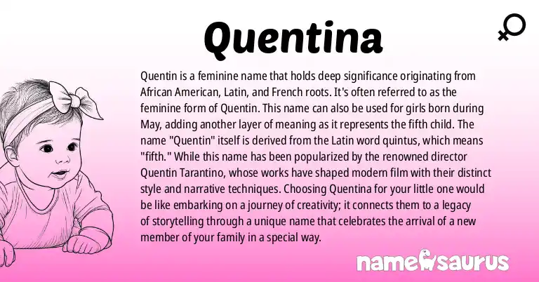 Infographic about Quentina name meaning, Quentina is a name from African American, Latin, French origin(s).