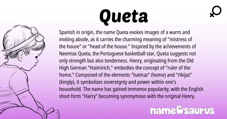 Infographic about Queta name meaning, Queta is a name from Old High German, Spanish, English, Portuguese origin(s).