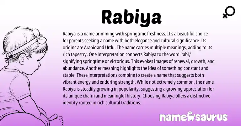 Infographic about Rabiya name meaning, Rabiya is a name from Arabic, Persian origin(s).