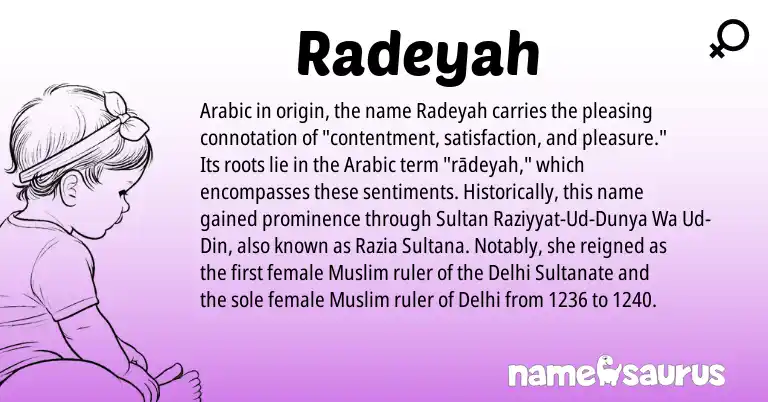 Infographic about Radeyah name meaning, Radeyah is a name from Arabic, Muslim origin(s).