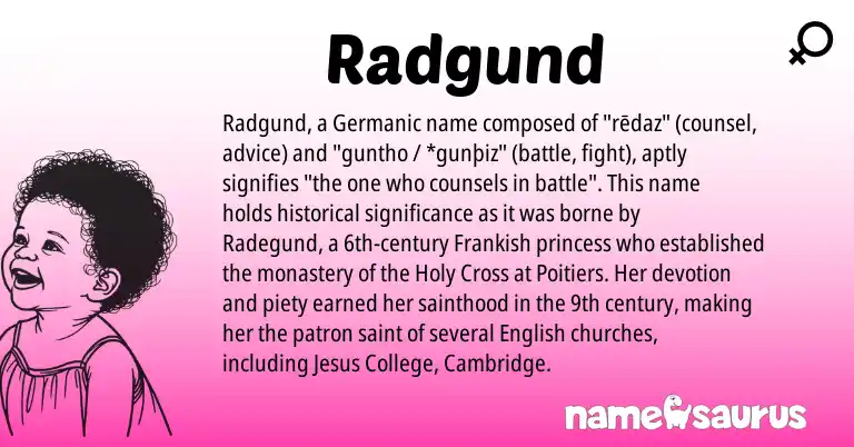 Infographic about Radgund name meaning, Radgund is a name from English, Germanic, Frankish origin(s).