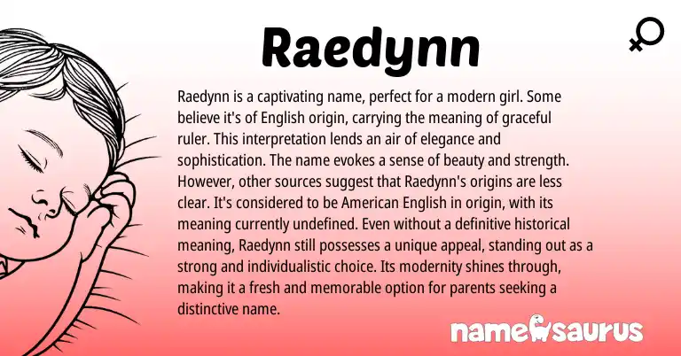 Infographic about Raedynn name meaning, Raedynn is a name from English origin(s).