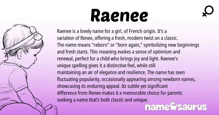 Infographic about Raenee name meaning, Raenee is a name from French, American origin(s).