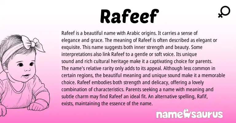 Infographic about Rafeef name meaning, Rafeef is a name from Arabic origin(s).