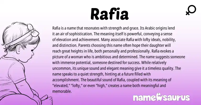 Infographic about Rafia name meaning, Rafia is a name from Arabic origin(s).