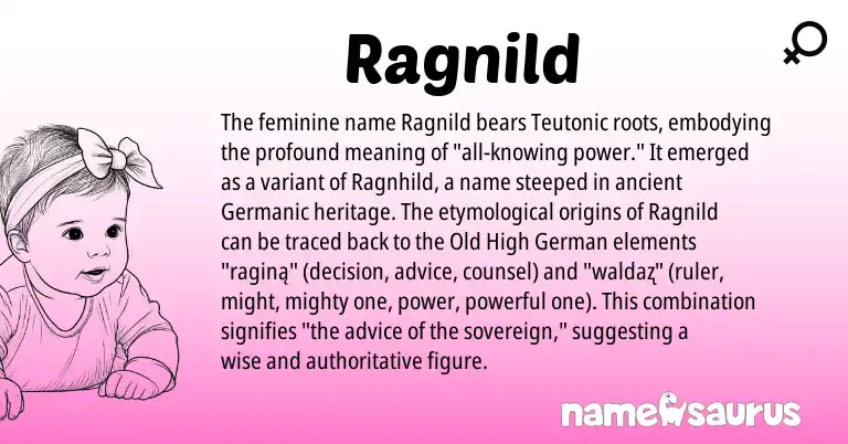 Infographic about Ragnild name meaning, Ragnild is a name from Teutonic, Old High German, Germanic origin(s).