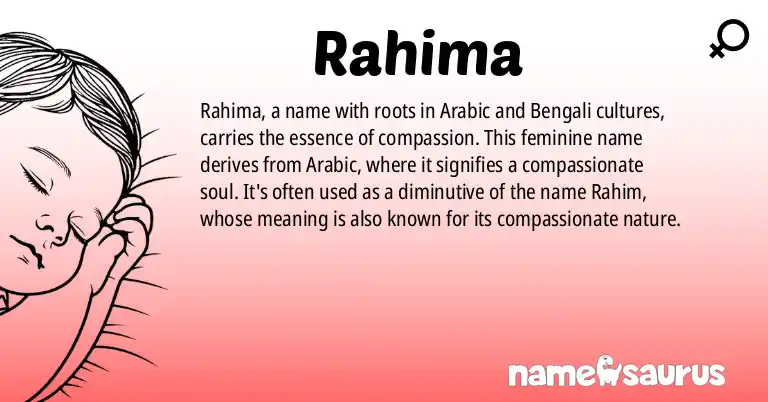 Infographic about Rahima name meaning, Rahima is a name from Arabic, Bengali origin(s).