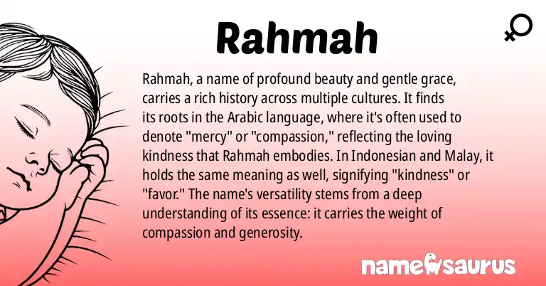 Infographic about Rahmah name meaning, Rahmah is a name from Arabic, Indonesian, Malay origin(s).