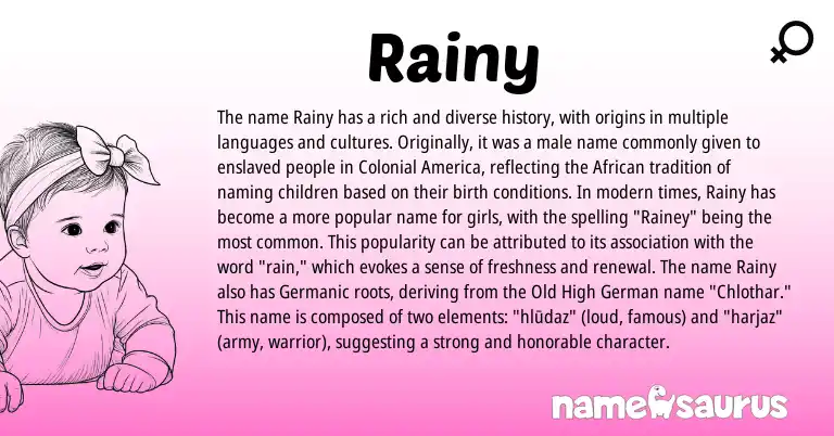 Infographic about Rainy name meaning, Rainy is a name from Old High German, Germanic, African origin(s).