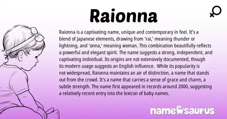 Infographic about Raionna name meaning, Raionna is a name from Japanese origin(s).