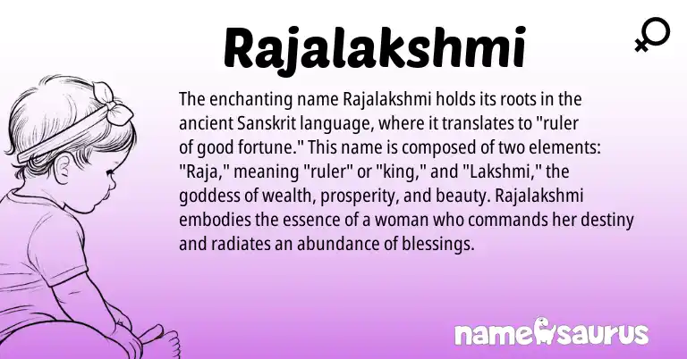 Infographic about Rajalakshmi name meaning, Rajalakshmi is a name from Sanskrit origin(s).