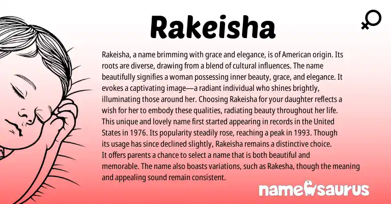 Infographic about Rakeisha name meaning, Rakeisha is a name from English, American origin(s).