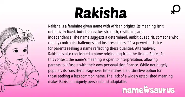 Infographic about Rakisha name meaning, Rakisha is a name from African, American origin(s).
