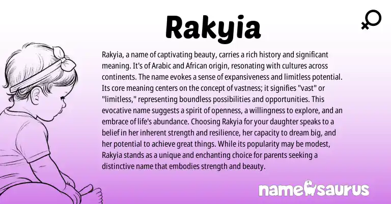 Infographic about Rakyia name meaning, Rakyia is a name from Arabic, American origin(s).