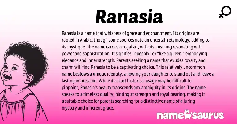 Infographic about Ranasia name meaning, Ranasia is a name from Arabic origin(s).