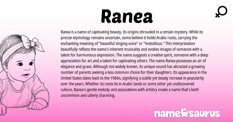 Infographic about Ranea name meaning, Ranea is a name from English, Arabic origin(s).