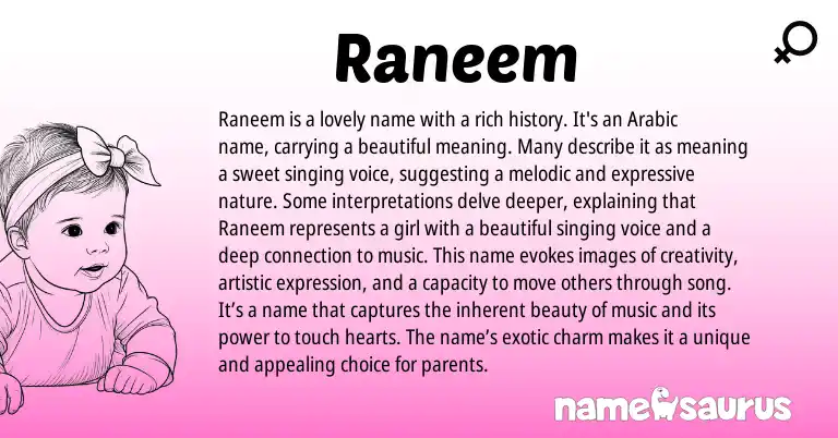 Infographic about Raneem name meaning, Raneem is a name from Arabic origin(s).