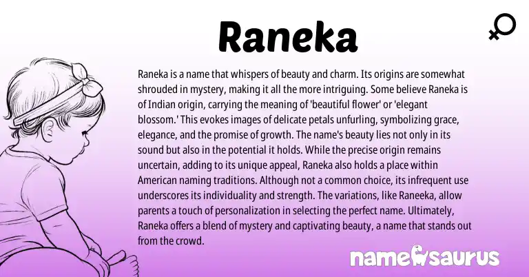 Infographic about Raneka name meaning, Raneka is a name from Indian origin(s).