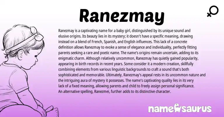 Infographic about Ranezmay name meaning, Ranezmay is a name from French, English, Spanish origin(s).