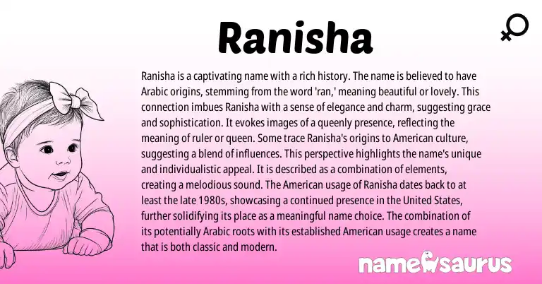 Infographic about Ranisha name meaning, Ranisha is a name from Indian, Arabic origin(s).