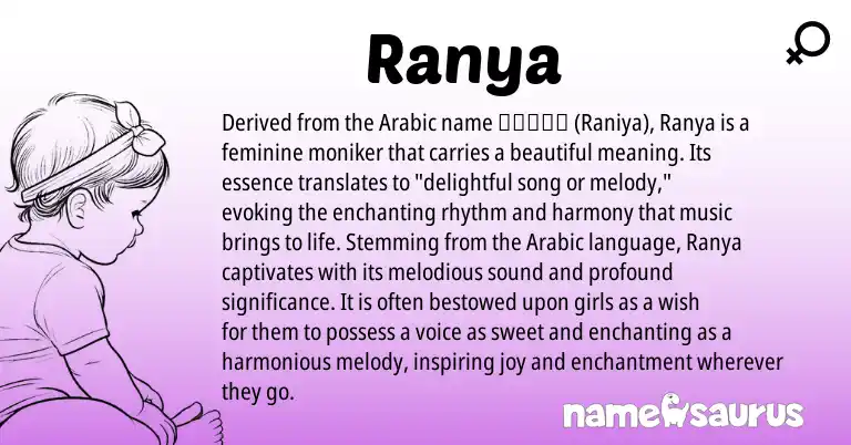 Infographic about Ranya name meaning, Ranya is a name from Arabic origin(s).