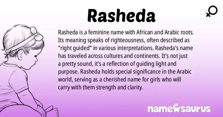 Infographic about Rasheda name meaning, Rasheda is a name from African, Arabic origin(s).