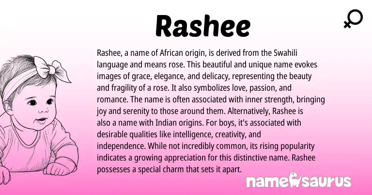Infographic about Rashee name meaning, Rashee is a name from Swahili, African, Romance, Arabic origin(s).