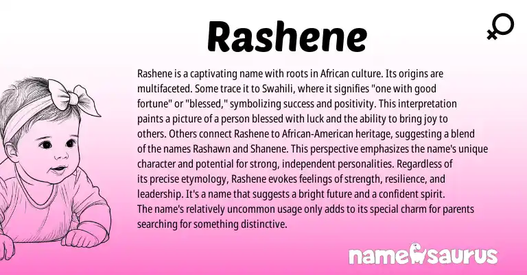 Infographic about Rashene name meaning, Rashene is a name from African, Swahili origin(s).