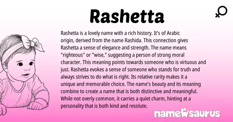 Infographic about Rashetta name meaning, Rashetta is a name from English, American origin(s).
