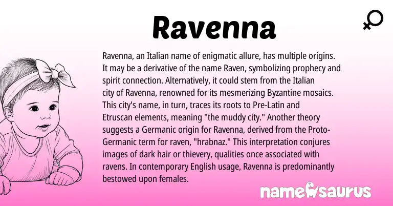 Infographic about Ravenna name meaning, Ravenna is a name from English, Etruscan, Germanic, Latin, Italian origin(s).