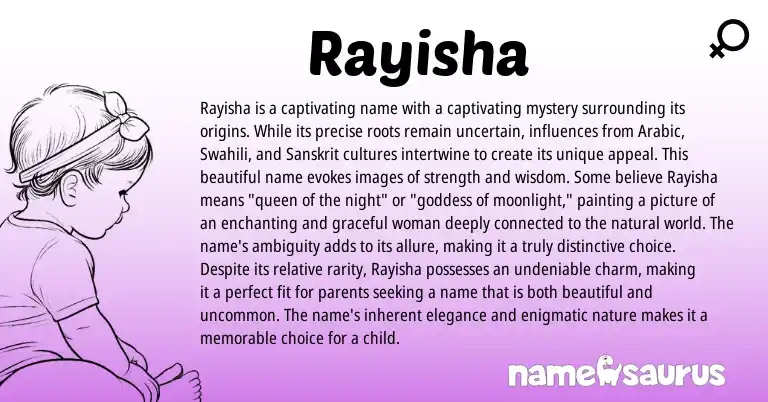 Infographic about Rayisha name meaning, Rayisha is a name from Swahili, Sanskrit, Arabic origin(s).