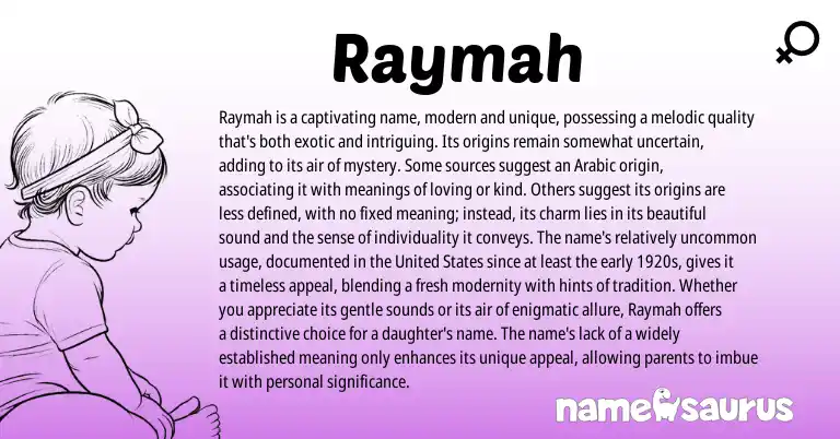Infographic about Raymah name meaning, Raymah is a name from Arabic origin(s).