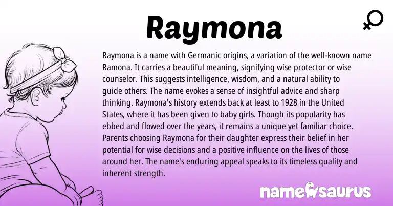 Infographic about Raymona name meaning, Raymona is a name from Germanic origin(s).