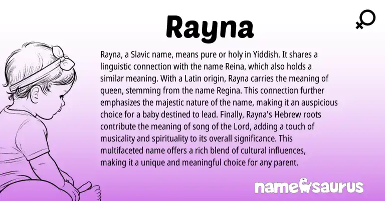 Infographic about Rayna name meaning, Rayna is a name from Slavic, Yiddish, Latin, Hebrew origin(s).