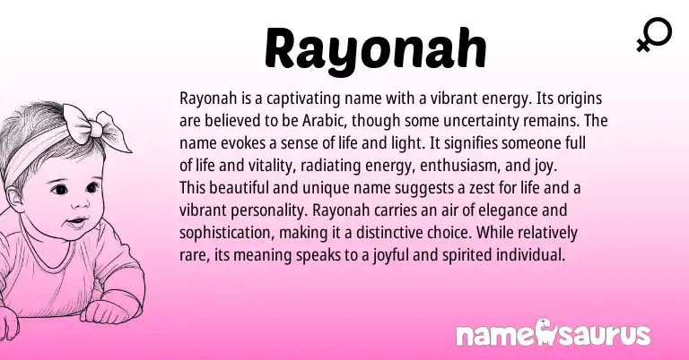 Infographic about Rayonah name meaning, Rayonah is a name from Arabic origin(s).