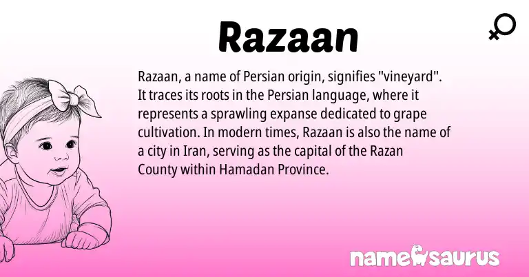 Infographic about Razaan name meaning, Razaan is a name from Iran, Persian origin(s).